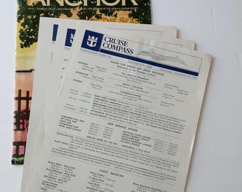 May include: A vintage Crown & Anchor magazine from Summer 1992 and a Cruise Compass daily program for the Sovereign of the Seas dated Wednesday, December 18, 1991, featuring printed schedules for dining, bar service hours, and various guest services.