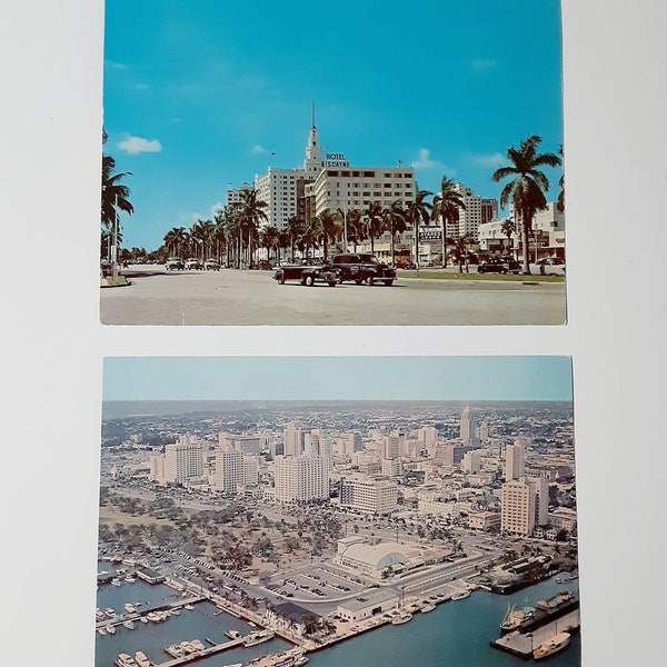 2 Midcentury Miami postcards jumbo giant sized souvenir photocards of famous Biscayne Boulevard Florida