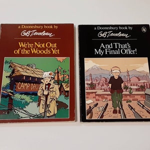 2 Doonesbury books, one is first edition, vintage late 1970s satire, GB Trudeau, Vietnam era