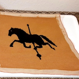 Horse weathervane vintage needlepoint, needs stretched, harvest gold & black wool tapestry, bucolic rustic farmhouse decor