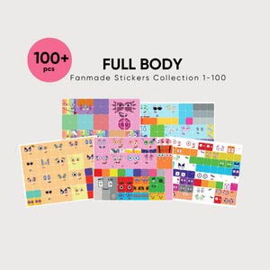 May include: A collection of 100+ fanmade stickers featuring colorful square characters with various facial expressions. The sheets display grid-like arrangements of block-shaped figures in multiple colors, labeled FULL BODY Fanmade Stickers Collection 1-100.