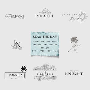 Può includere: Una collezione di loghi a tema costiero con testo che recita "The Simmons", "Russell", "Grace & Caleb Brooks", "J&N Foster", "Seas the Day", "Adams", "Parker", "The Coopers" e "Knight".