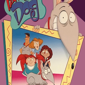 May include: A cartoon illustration of a family of dogs. The family includes a father, mother, son, and daughter. The father is wearing a grey shirt and blue shorts. The mother is wearing a blue dress. The son is wearing a red and white striped shirt and blue overalls. The daughter is wearing a blue dress with red pigtails. The family is standing in front of a blue background with a yellow frame. The title "Family Dog" is written in blue and yellow letters at the top of the image.