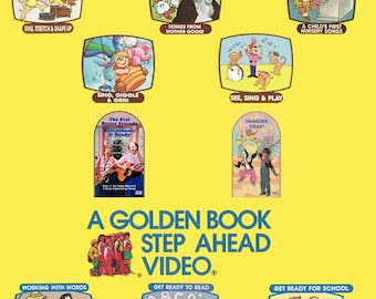 May include: A yellow background with a collage of colorful images of children's books and videos. The text "A Golden Book Step Ahead Video" is in the center of the image. The images are from different Golden Book titles, including "Sing, Stretch & Shape Up", "Songs from Mother Goose", "A Child's First Nursery Songs", "Sing, Giggle & Grin", "See, Sing & Play", "The Feel Better Friends Rosenhonts & Bandy", "Imagine That!", "Working with Words", "Get Ready to Read", "Get Ready for School", "Working with Numbers", "Get Ready for Math", and "Know the Alphabet".