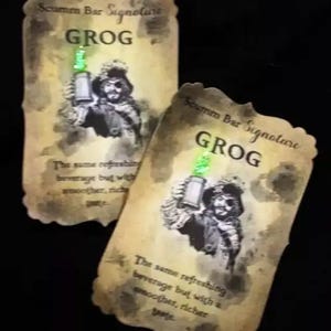 Handgemaakte Monkey Island 'Scumm Bar Signature Grog' piratenflesstickers - set van 8