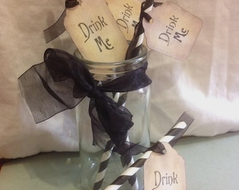 Retro Paper Straws With Drink Me Tags, Set of 6 - B&W Striped - Wedding Etc