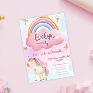 Unicorn Rainbow Girl’s Birthday Party Invitation Template | Girl's Birthday Party Theme Invite | Watercolor Unicorn and Rainbows | Editable