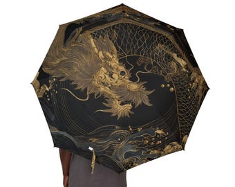 Elegante ombrello pieghevole in stile Ukiyo-e giapponese con motivo a drago, perfetto per viaggi, regali, eventi all'aperto e come accessorio di moda.