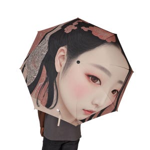 Chic Japanese Ukiyo-e style umbrellas, Japanese women and floral prints, elegant rain gear, travel accessories