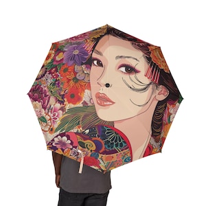 Chic Japanese Ukiyo-e style floral umbrella, stylish folding umbrella perfect for travel, gifts, outdoor events and fashion accessories