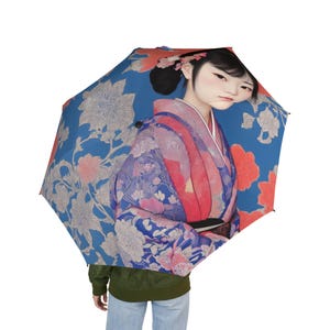 Elegant Japanese Kimono Women&#39;s Floral Umbrella - Japanese Design, Semi-Automatic Open/Close, Portable Rain Gear, Spring Peony