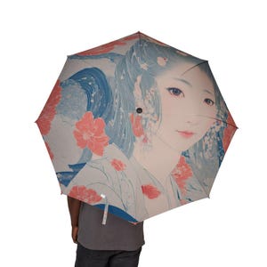 Elegant and artistic umbrella of a woman in a Japanese kimono Cute rain gear, unique accessory, foldable canopy