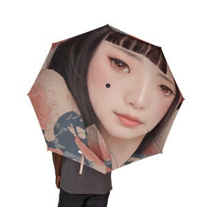 Chic Japanese Ukiyo-e style umbrellas, Japanese women and floral prints, elegant rain gear, travel accessories