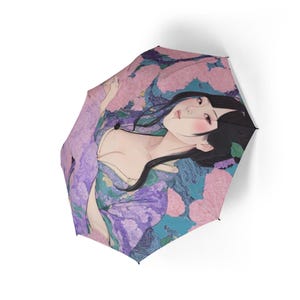 Japanese flowers and women, stylish floral folding umbrella, elegant umbrella, perfect for rainy days, travel accessories