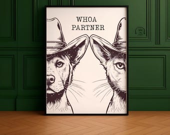 DOG and CAT WESTERN muurkunst digitale download, retroprint, vintage kunst, blauwe muurkunst hond, westerse hondenprint, trendy decor digitale download