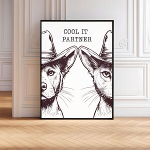 DOG and CAT WESTERN wall art digital download, retro print, vintage art, blue wall art dog, western dog print, trendy decor digital download