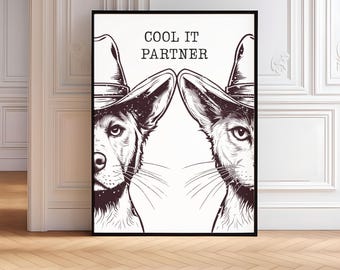 DOG and CAT WESTERN muurkunst digitale download, retroprint, vintage kunst, blauwe muurkunst hond, westerse hondenprint, trendy decor digitale download