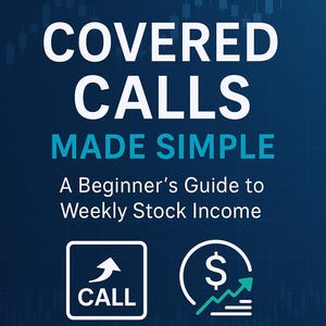Könnte beinhalten: Ein blauer Buchumschlag mit dem Titel "Covered Calls Made Simple: A Beginner's Guide to Weekly Stock Income". Der Umschlag zeigt einen weißen Pfeil, der nach oben zeigt, und einen weißen Kreis mit einem Dollarzeichen und einem Pfeil, der nach oben zeigt.