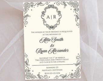 Coquette Wedding Invitation Template – Elegant Framed Design with Black Typography, Romantic Printable Wedding Invite