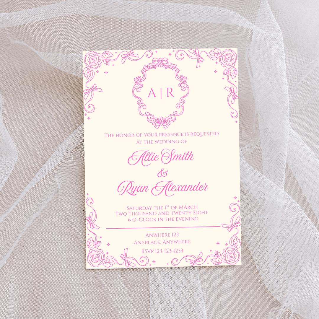 Pink Coquette Wedding Invitation Template – Elegant Framed Design, Blush Bridal Shower Invite, Romantic Printable Wedding Card