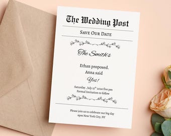 Editable Newspaper Style Save the Date Invitation | Vintage Wedding Announcement Template | The Wedding Post | Instant Download Template