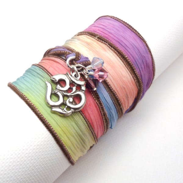 Hand Dyed Silk Ribbon Bracelet with Om Charm,yoga jewelry,wrapped, wrapping, wrap around,wrist wrap