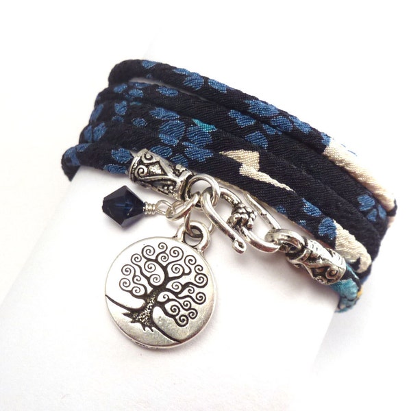 Wrap Bracelet made with Japanese Chirimen Cord  and Tree of Life Charm, yoga jewelry, wrapped wrapping bracelet, wrap around