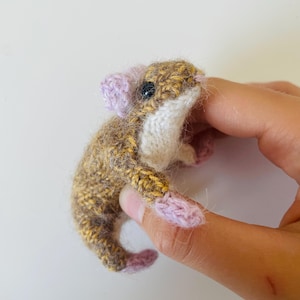May include: A small, hand-knitted animal figurine featuring a textured brown and tan body with a white chest and belly. The creature has small, light pink ears, pink paws, and a pink tail, with a single visible black bead eye on its side.