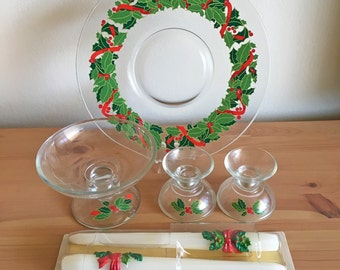 AVON Holiday Hostess Collection - Platter, Compote, Candlesticks, and Taper Candles