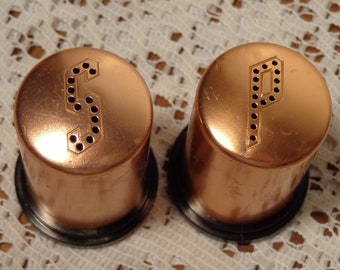 Vintage Anodized Aluminum Salt and Pepper Shakers with Black Bases - Copper Colored Salt and Pepper  -  19-002