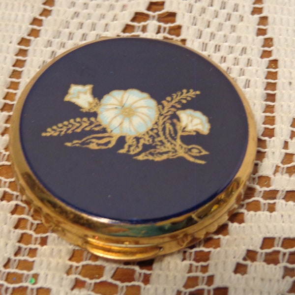 Vintage Stratton Blue and Gold Floral Powder Compact or Pill Box - 23-055