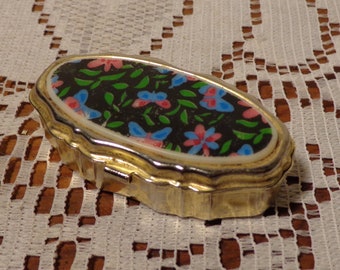 Floral and Gold Metal Pill Case  -  Two Compartment Travel Pill Box  -  14-0548