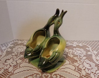 Hull Pottery Double Duck Planter - Hulls Retro Green and Yellow Mallard Duck Planter - USA # 95