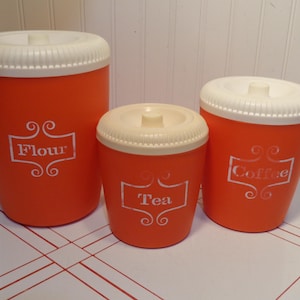 Set oranje jerrycans - drie (3) delige oranje en witte jerrycanset - meel, koffie en thee - 25-021