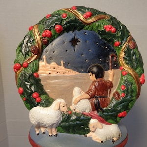 Ceramic Christmas Display - Ceramic Holiday Wreath with Shephard and the Holy City - 23-447