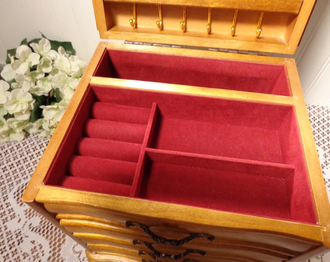 Vintage Wood Jewelry Box With Drawers Hooks and Mirror Wood Etsy