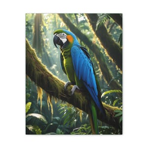 Vibrant Jungle Canvas Art Print, Tropical Wall Decor, Colorful Parrot Artwork, Home Decoration, Gift for Nature Lovers