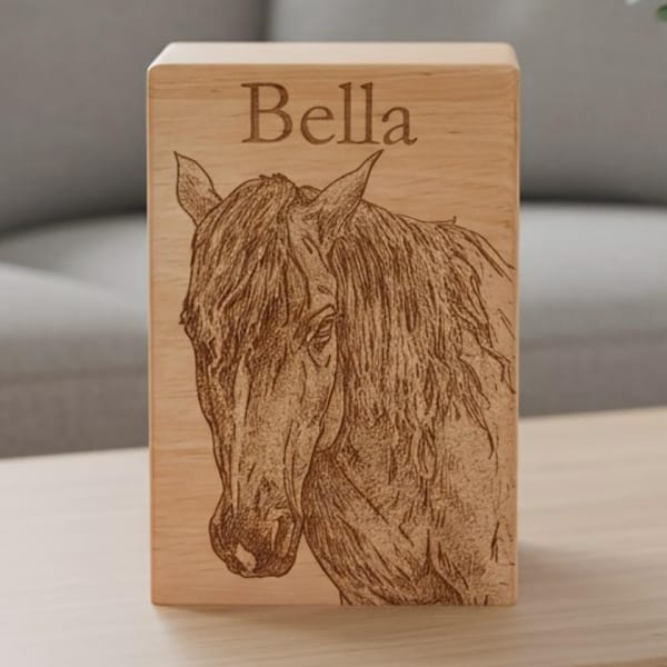Urna de madera personalizada para cenizas de caballo, caja de recuerdo con foto