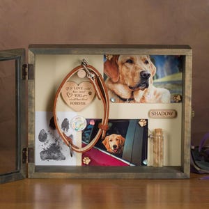 Könnte beinhalten: Eine hölzerne Gedenkbox für Haustiere mit Glastür. Im Inneren befinden sich Fotos eines Golden Retrievers, ein Lederhalsband, Pfotenabdrücke und ein Holzherz mit der Aufschrift "Love never ends".