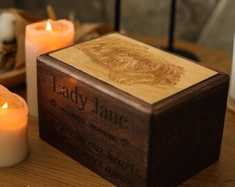 Urna de madera grabada para cenizas de mascotas: Caja de cremación conmemorativa personalizada para perros