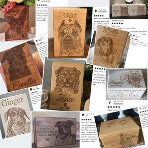 May include: Wooden pet memorial boxes with engraved portraits of dogs and cats. Each box features a pet's name and dates, with various breeds and designs. A touching tribute to beloved companions.
