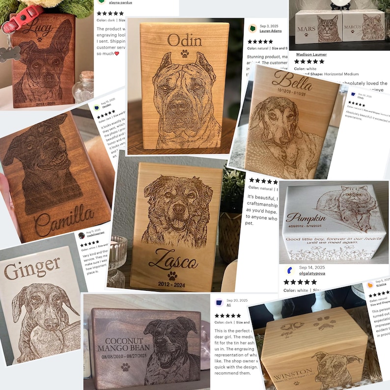 May include: Wooden pet memorial boxes with engraved portraits of dogs and cats. Each box features a pet's name and dates, with various breeds and designs. A touching tribute to beloved companions.