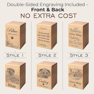 May include: Wooden pet urns with engraved designs. The urns feature various styles with text and illustrations, including paw prints, floral accents, and pet portraits. The text on the urns includes names and phrases like "Forever in our hearts."