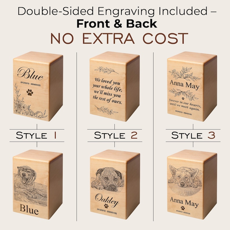 May include: Wooden pet urns with engraved designs. The urns feature various styles with text and illustrations, including paw prints, floral accents, and pet portraits. The text on the urns includes names and phrases like "Forever in our hearts."