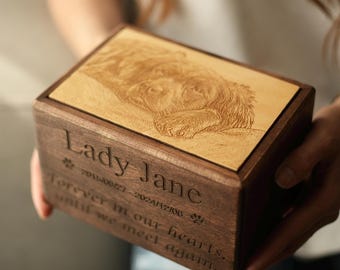 Personalized Pet Urn with Photo, Engraved Wooden Cremation Box