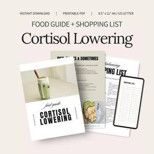 May include: A collection of printable PDF documents with the title "Food Guide + Shopping List Cortisol Lowering." The documents include a food guide with a green drink image, a list of foods, and a shopping list on a smartphone.