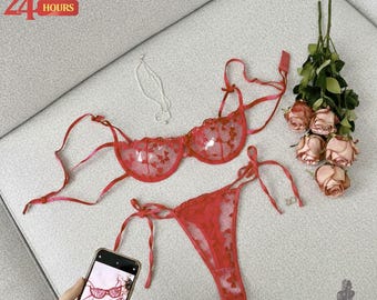 Conjunto de lingerie com bordado floral | Sutiã e calcinha push-up em tule confortável | Presente romântico para o dia a dia