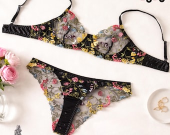 Conjunto de sujetador y bragas de encaje con bordado floral, conjunto de lencería con aros, elegante conjunto de ropa interior de dos piezas, regalo para ella, lencería nupcial.