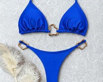 Conjunto de biquíni feminino com alças no pescoço, maiô de duas peças com amarração nas costas, biquíni triangular com bojo, roupa de banho de cintura baixa para praia, maiô para férias de verão