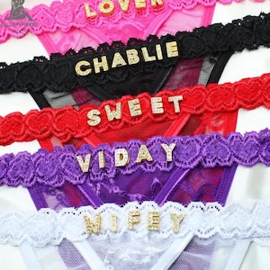 Personalised G-strings Thong with Name,Lace Thong,Custom Gold Charms Thong With Letter,Romantic Gift for Girlfriend,Valentine&#39;s Day Gift